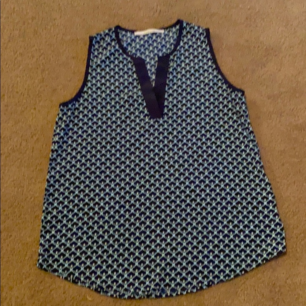 Blue and white tank top.